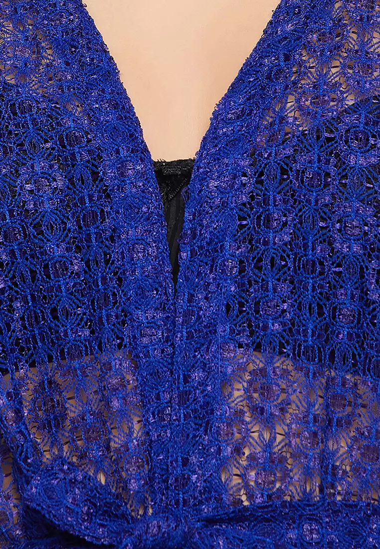 Clovia Chic Basic Sheer Robe in Royal Blue - Lace