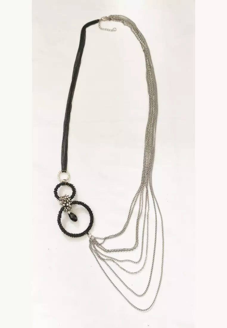 Aksesoris Wanita Round charm MultilayerLong Necklace Kalung Wanita Panjang Silver & Black