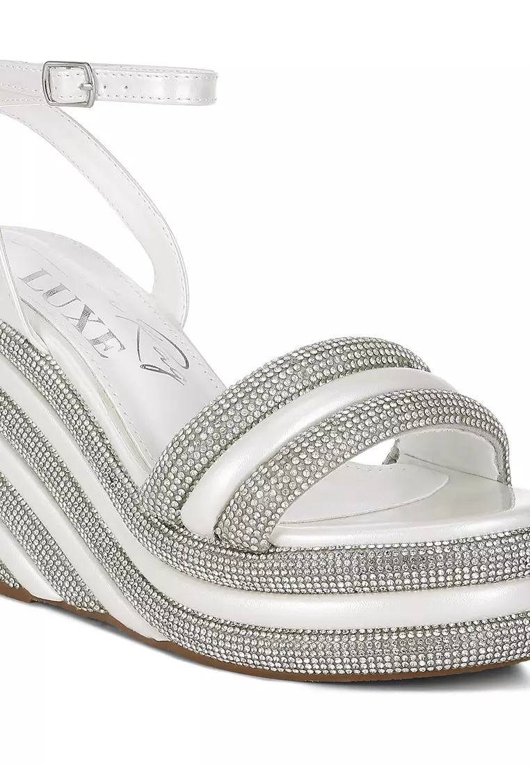 White Rhinestone Studded Wedge Sandals