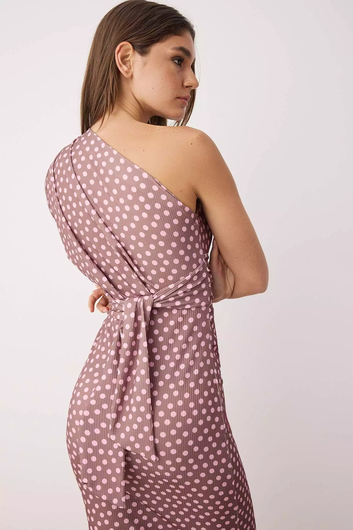 Brown Polka Dot Bodycon One Shoulder Asymmetrical Gather Detail Knitted Midi Dress