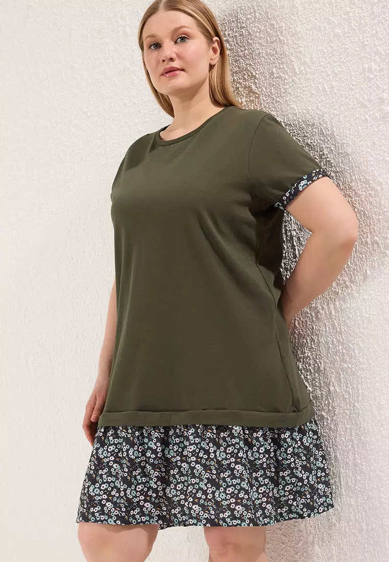 Khaki Sleeve And Hemline Floral Print Knitted Plus Size Dress Tbbss25Ah00190