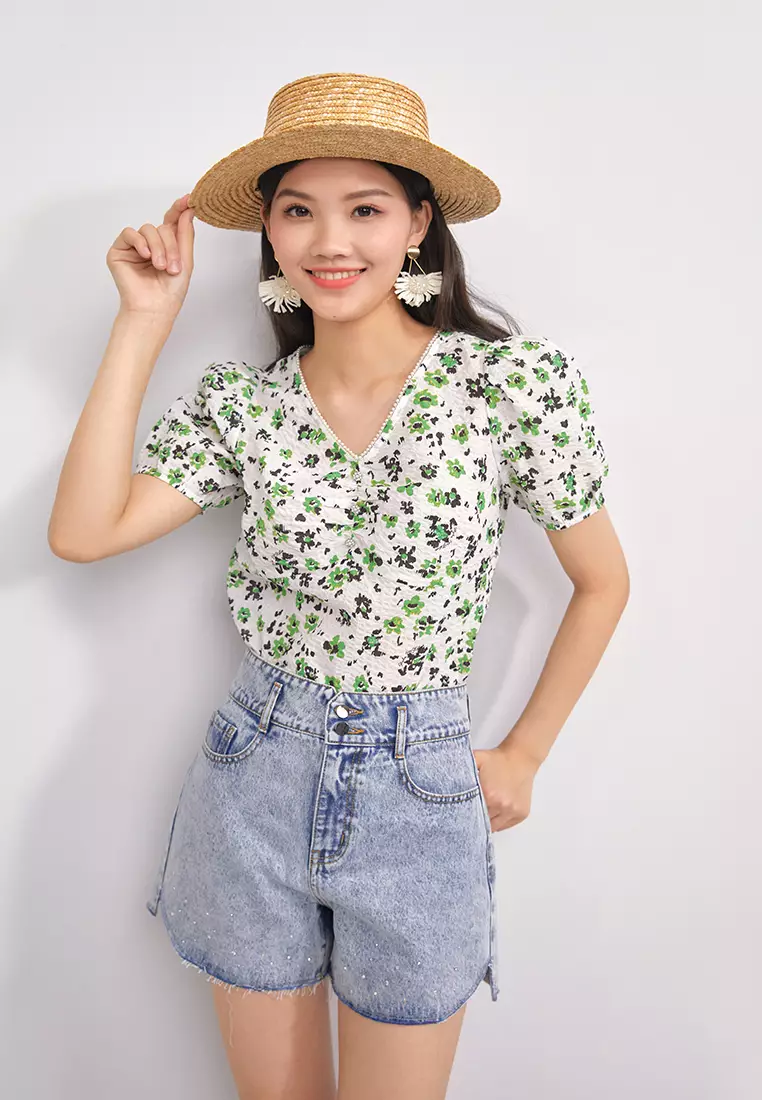V-Neck Textured Floral Top