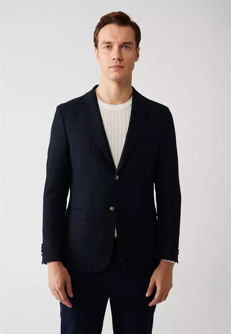 Men's Navy Blue Flap Pocket Lined Double Slit Woolen Jacket A32Y4029
