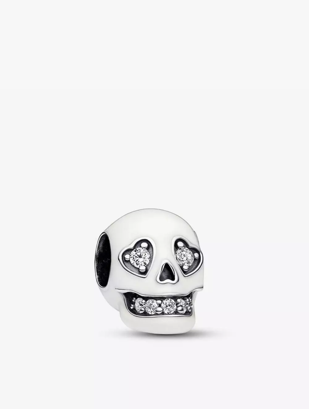 Skull sterling silver charm with clear cubic zirconia and white glow in the dark enamel