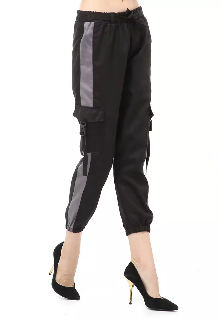 Jourel Celana Panjang Kasual Wanita Jogger Cargo Pants Plered Line Material Cotton ORIGINAL - Black Gray
