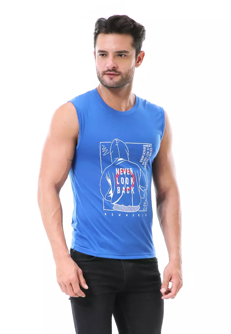 Bobby Atasan Kasual Pria Singlet Motif Never Look Back Sleeveless Tshirt Material Cotton ORIGINAL - Blue