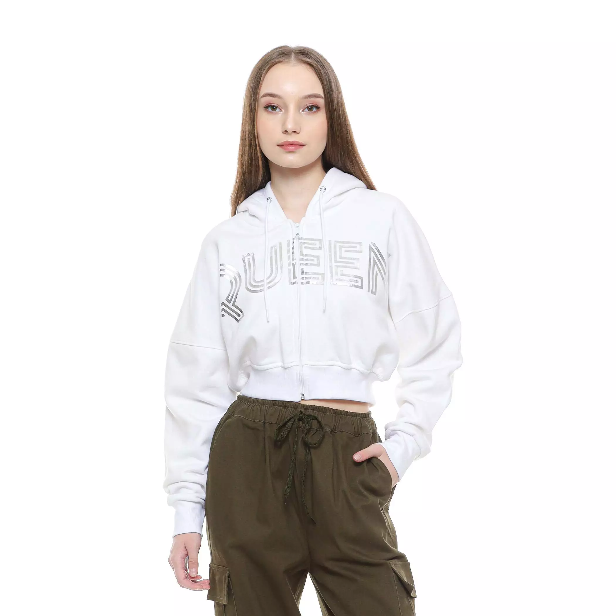 Enough For Today - Sweater Crop Hoodie Zipper Bless A Queen Silver Putih