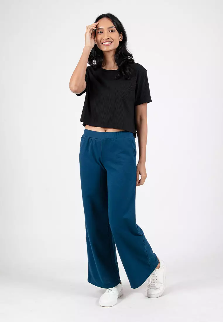 Forest Ladies Cotton Terry Wide Leg Pants Women Casual Long Pants - 810544-33Navy