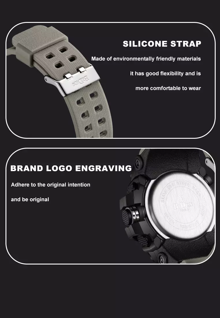 BIDEN Jam Tangan Pria Militer Tali Silikon Analog&Digital Display Jam Tangan Cowok KhakiBlack