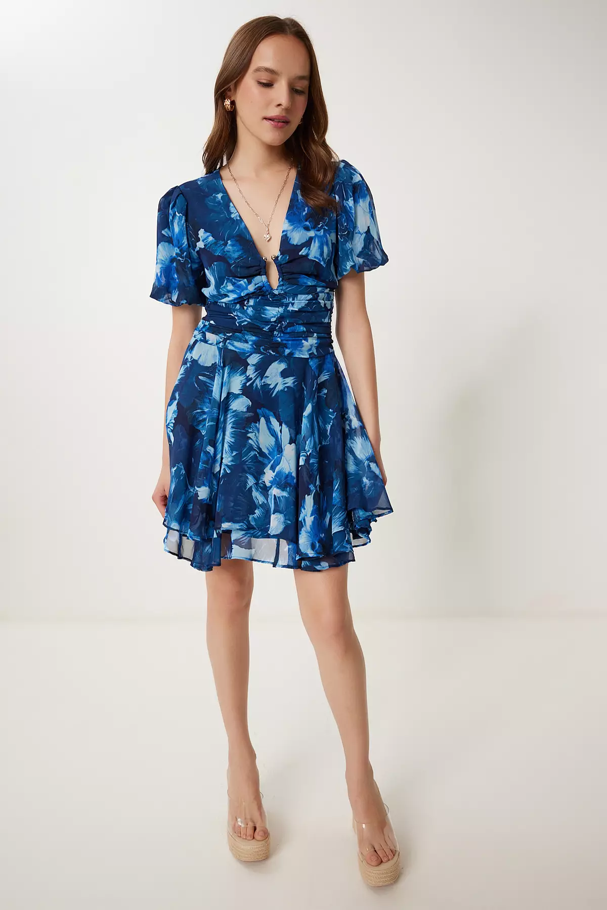 Women Navy Blue Patterned Summer Mini Chiffon Dress Fg00026