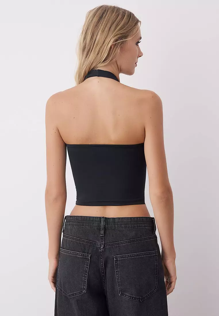 Black-White Halter Neck Fitted Crop Flexible Knit Blouse Twoaw26Bz00251