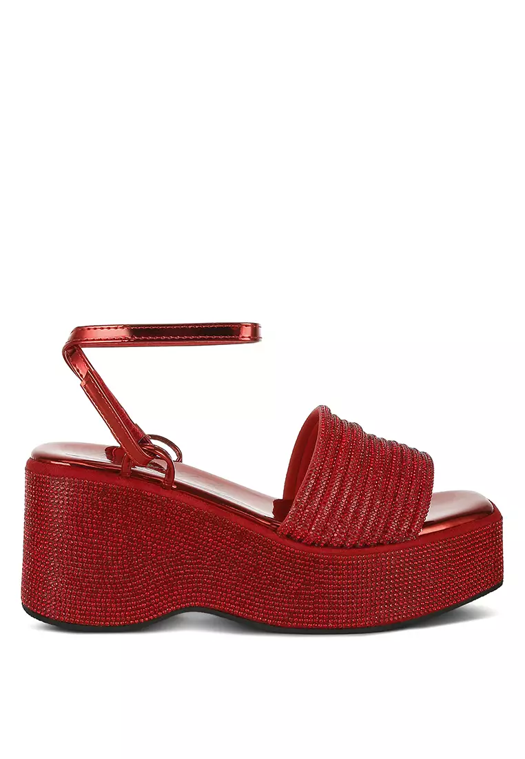 Red Rhinestone Embellished Lace-Up Sandals