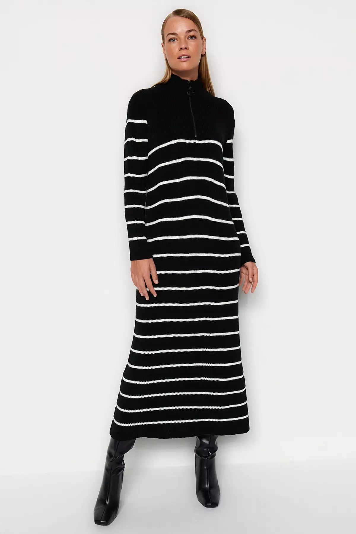 Striped Sweater Dress with Zipper Detail