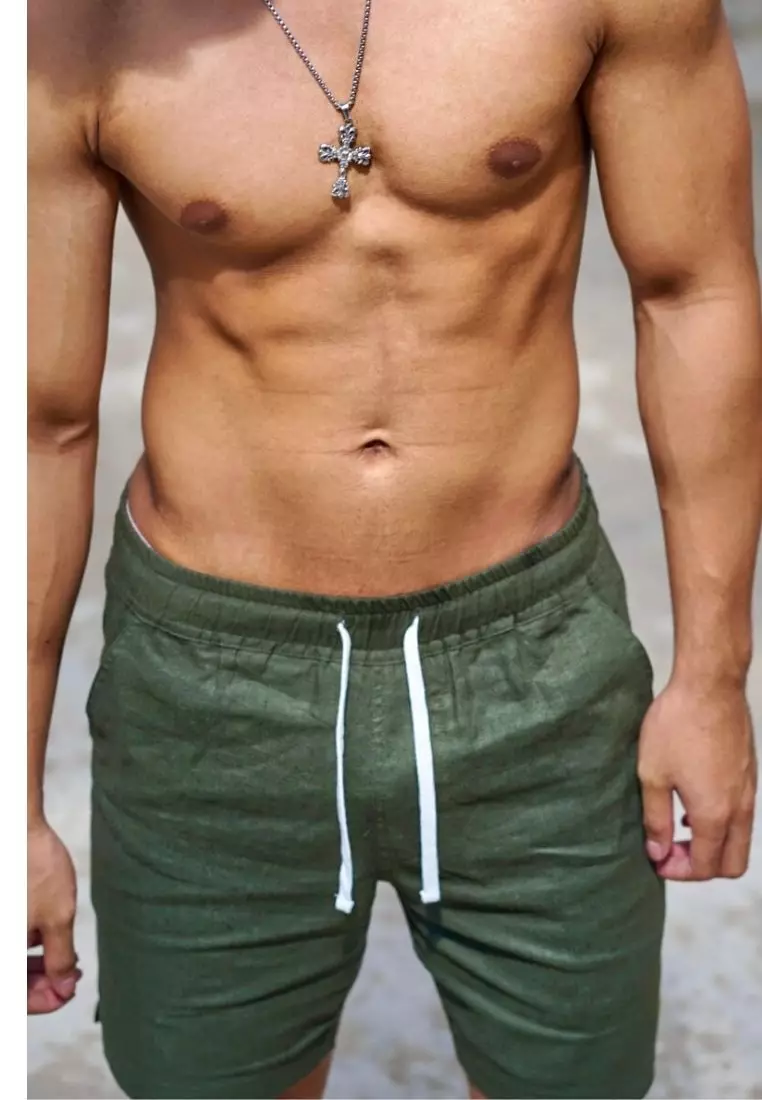 Palm Tree Celana Pendek Linen Pria Army Hijau | Linen Short Pants Men Green Army