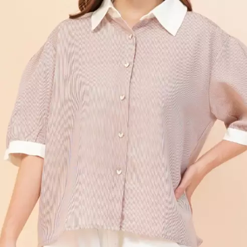 Stacie Solid Collar Stripe Shirt Love Button in Brown