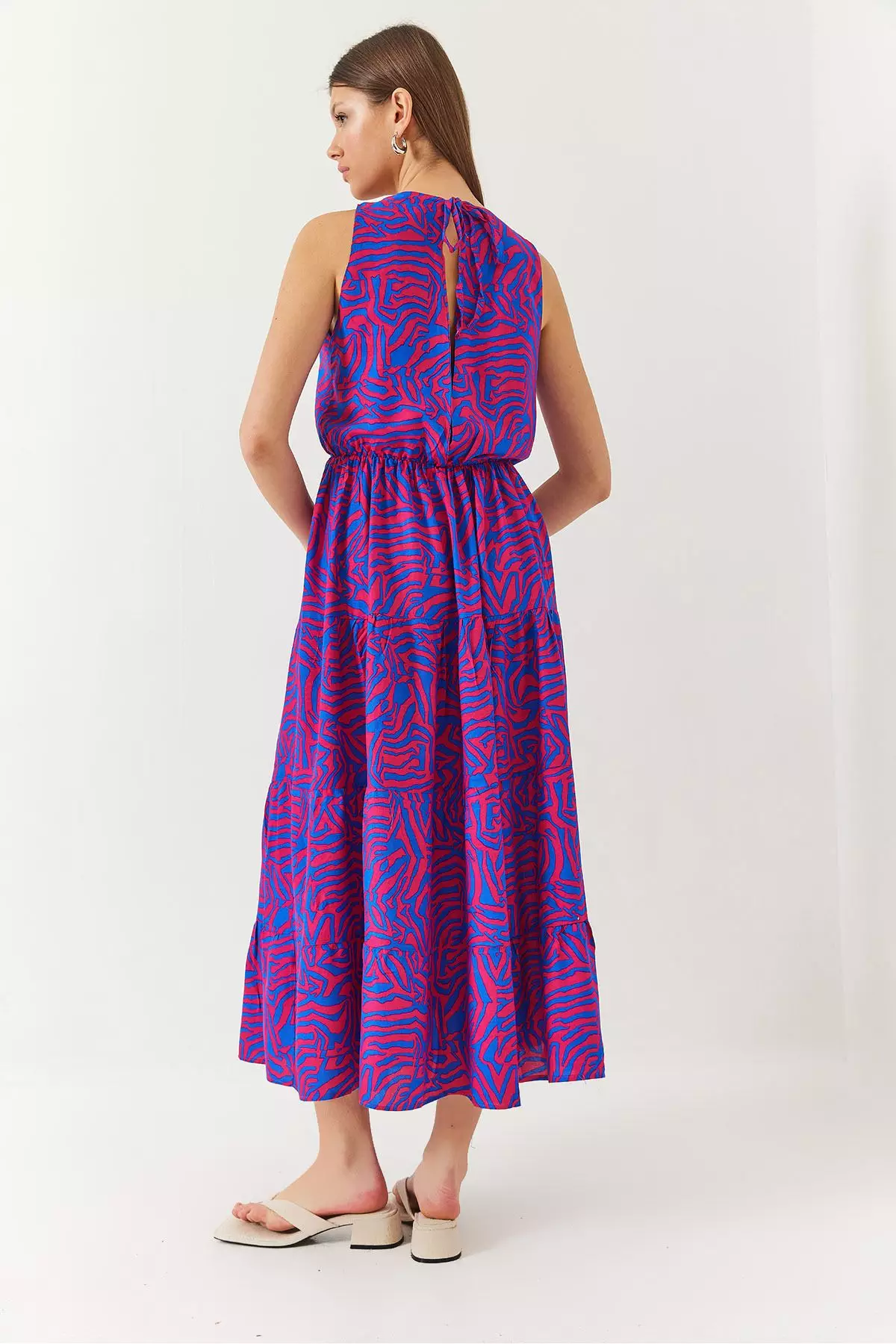 Women's Double Breasted Neckline Elastic Waist Back Rope Tie Print Dress 60261428