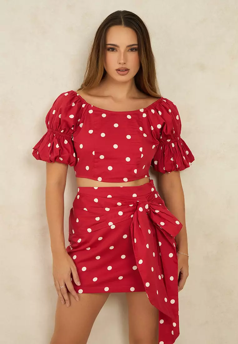 VIRGIO 100% Cotton Polka Crop Top With Puff Sleeves