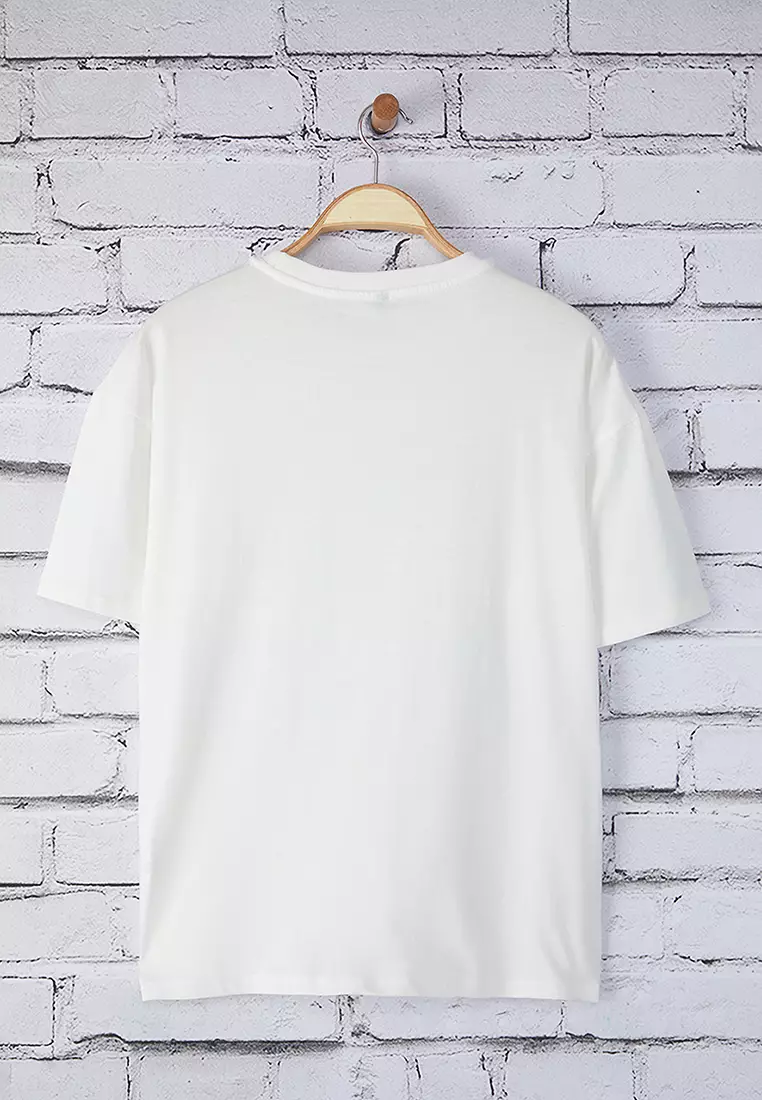 Ecru 100% Cotton Oversize/Wide Pattern Printed Knitted T-Shirt TWOSS25TS00166