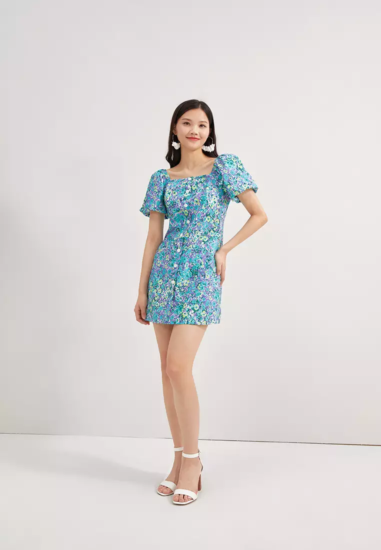 Square Neck Floral Button Mini Dress