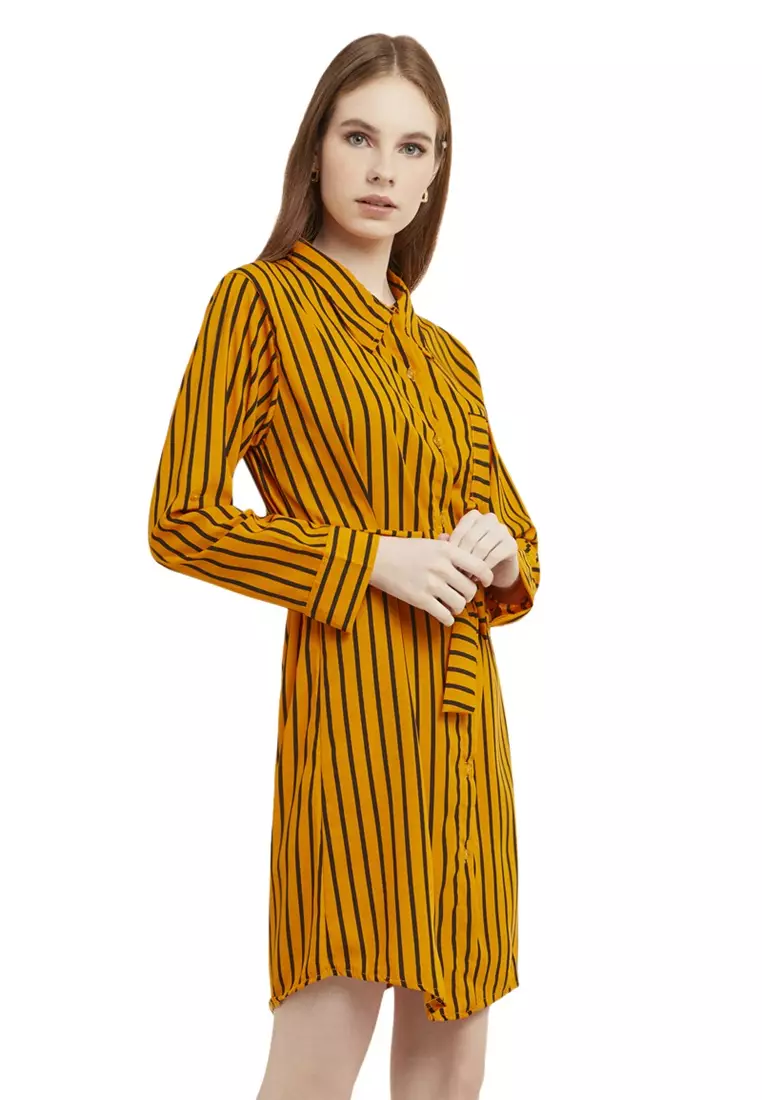 Mini Dress Salur Lengan Panjang Self Tie Belt Wanita - Mustard