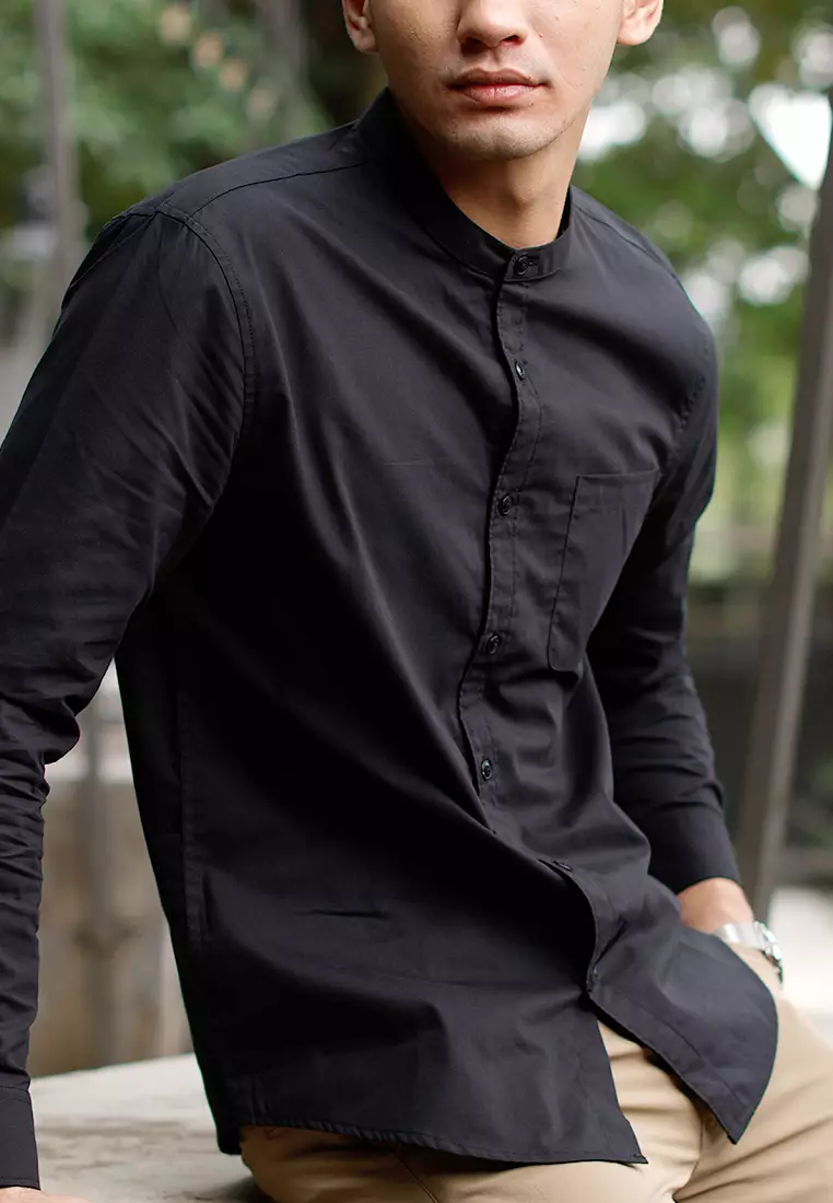 Oxcon Collarless Long Sleeve Business Shirt soft cotton Black