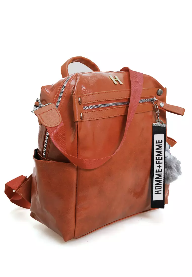 Afra Tas Ransel Wanita Large Compartment Backpack Desain Polos with Key Chain Material Leather ORIGINAL - Brown