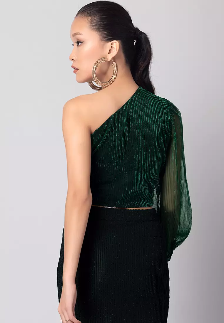 FabAlley Green Pleated One Shoulder Crop Top