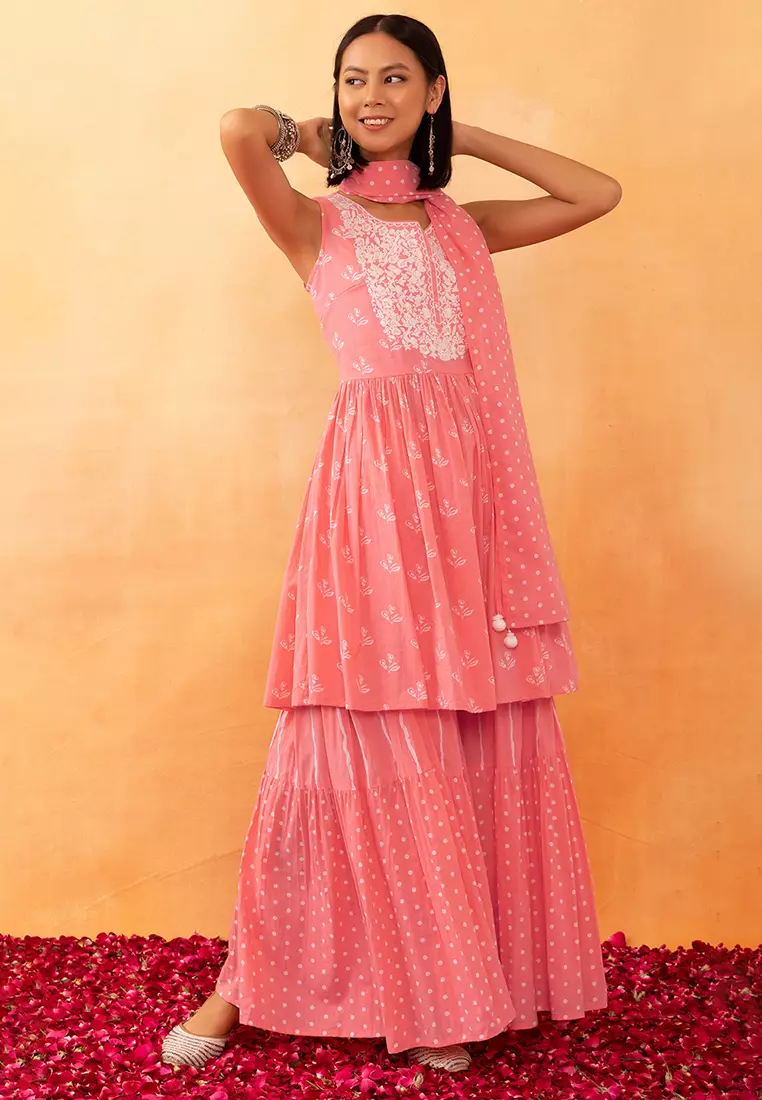 Buy Indya Pastel Pink Printed Cotton Sharara With Floral Print