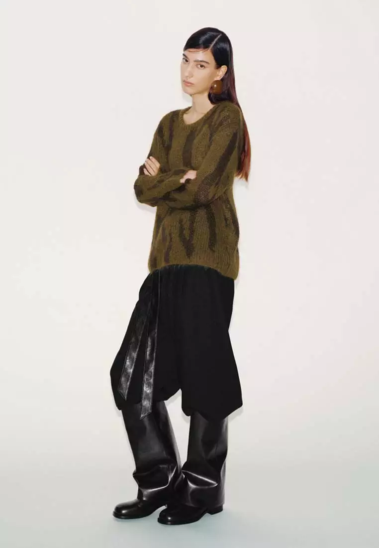Wool Blend Wide Leg Pants with Faux Leather Waist Contrast