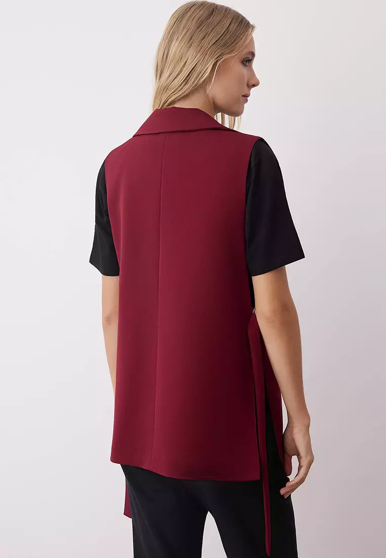 Burgundy Oversize Accessory Side Tie Detail Single Button Lined Woven Vest Twoaw23Ye00032