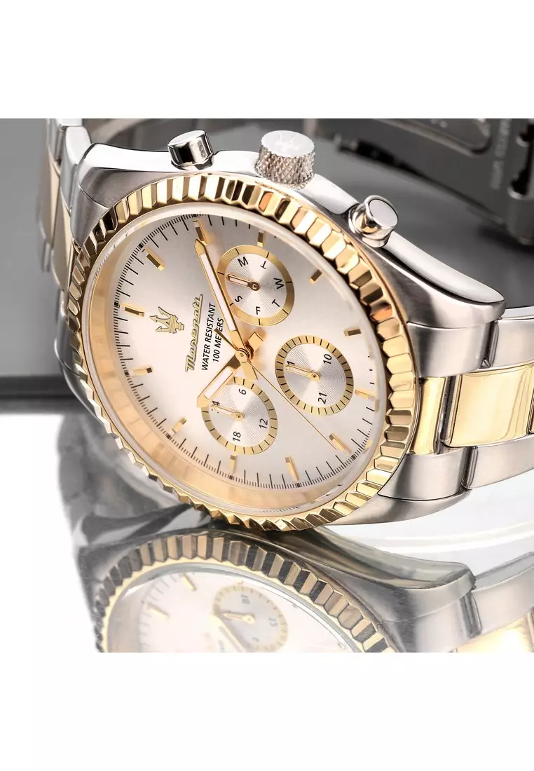【2 Years Warranty】Maserati Competizione 43mm Silver Gold Stainless Steel Chronograph Men's Quartz Watch R8853100021 With Luminous Dial Hands