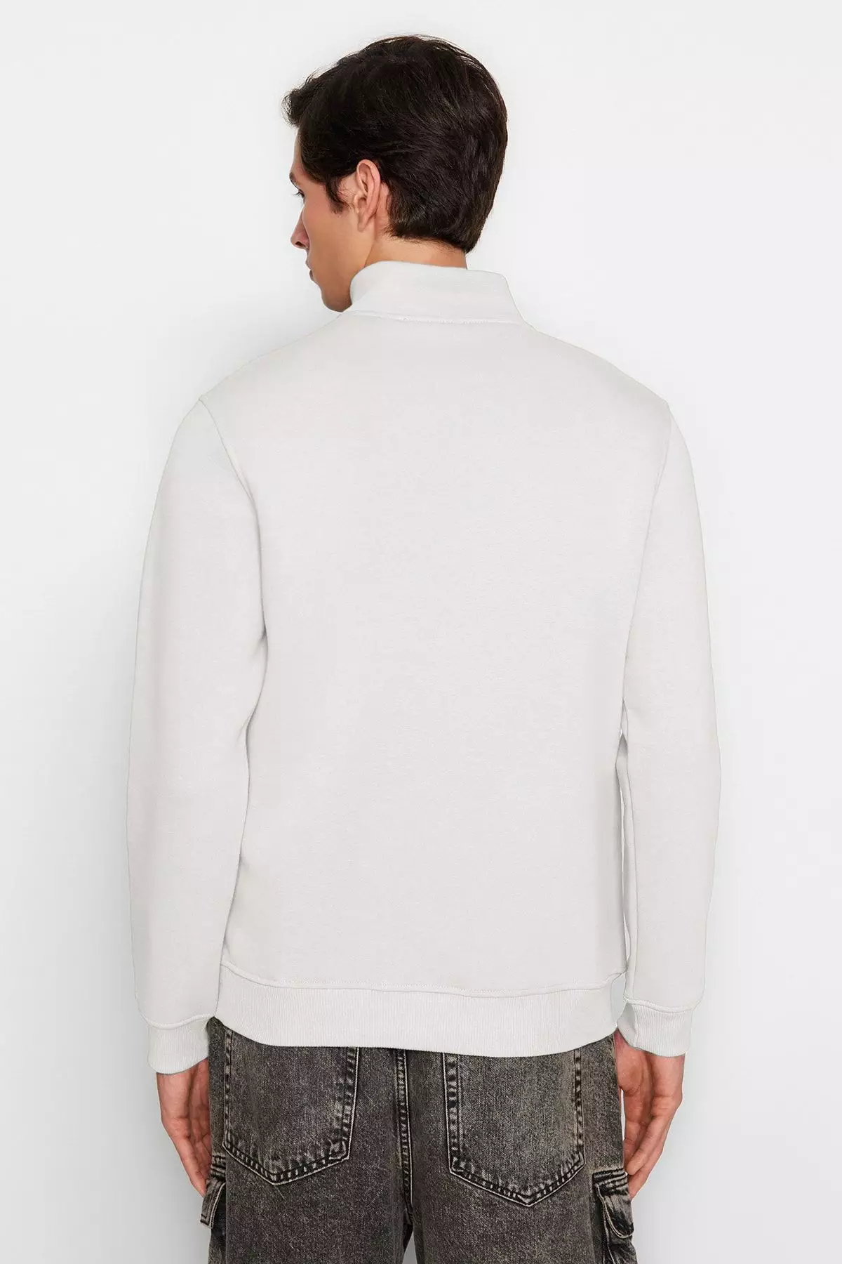 Ecru Regular/Normal Cut Stand Collar Zippered Inside Polar Fleece/Warm Basic Sweatshirt TMNAW24SW00041