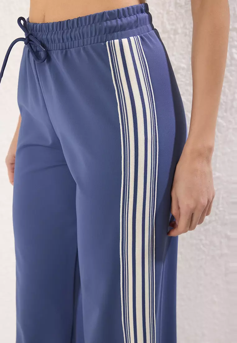 Navy Blue Striped Diver/Scuba Fabric Sports Knitted Sweatpants THMSS25EA00006