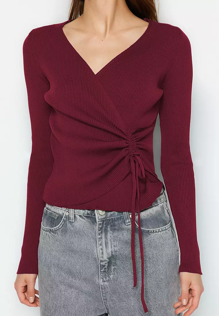 Burgundy Double Breasted Gather Detailed Knitwear Sweater