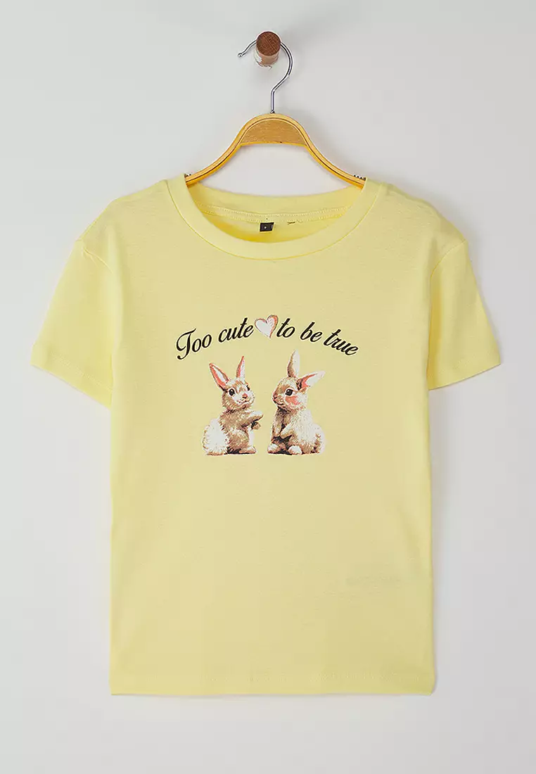 Light Yellow Rabbit Printed Fitted Knitted T-Shirt