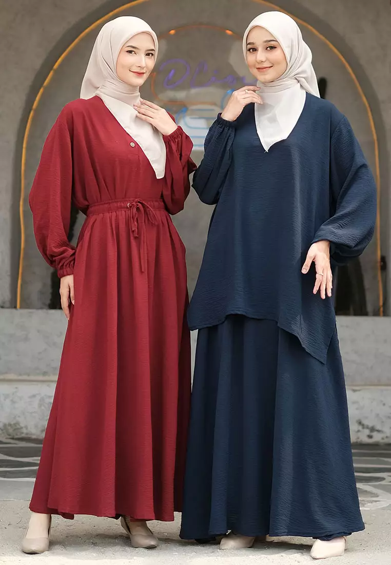 JV Hasanah Set Rok Baju Kurung Selena Navy | Setelan Rok Crinkle Jumbo Busui