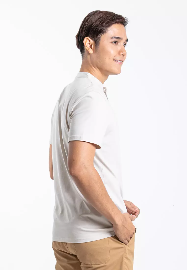 Forest Premium Weight Cotton Stretchable Mandarin Collar T Shirt Men Slim Fit Tee | 23856-16LtKhaki