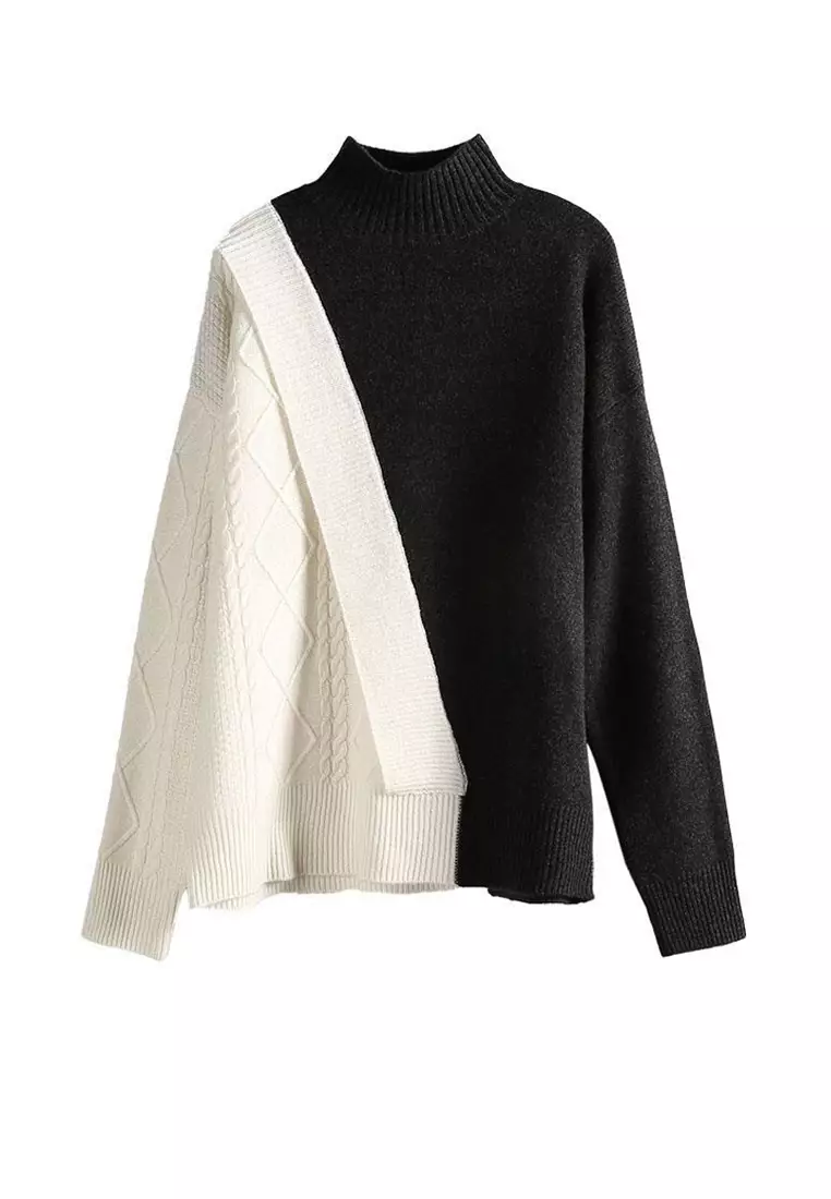 Black And White Contrast Knitted Turtleneck Sweater