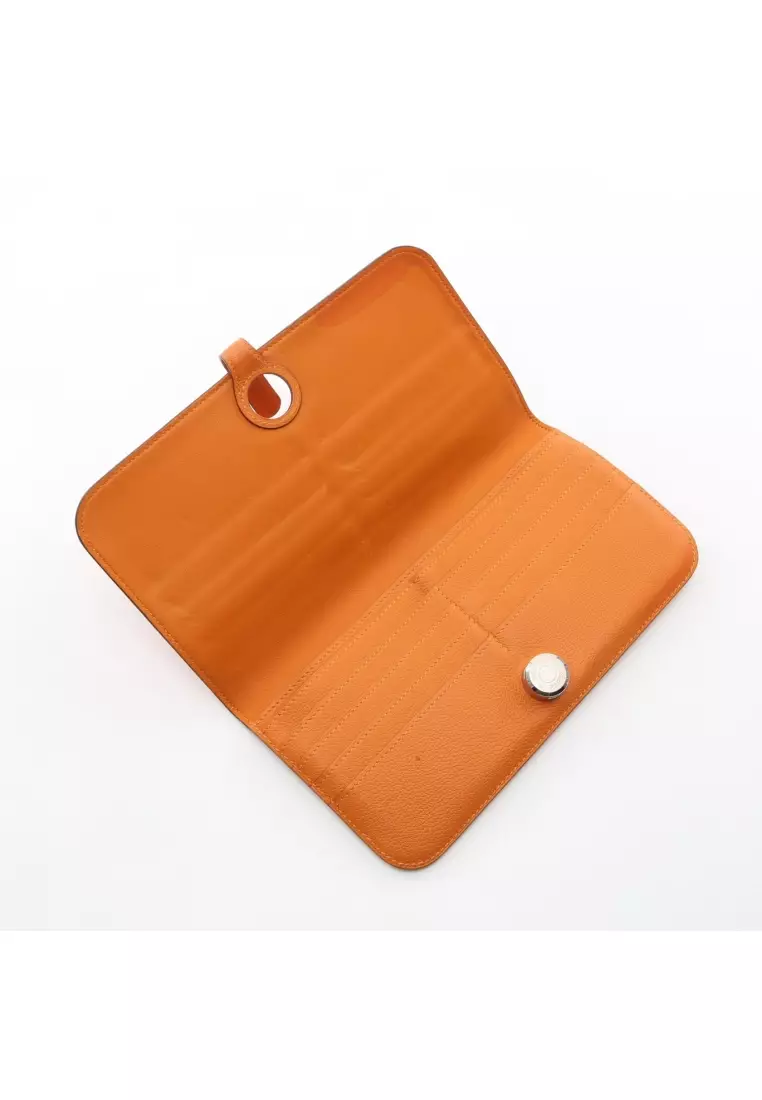 Pre-Loved Hermès dogon long Bi-fold Long Wallet Evercolor orange silver hardware D stamp