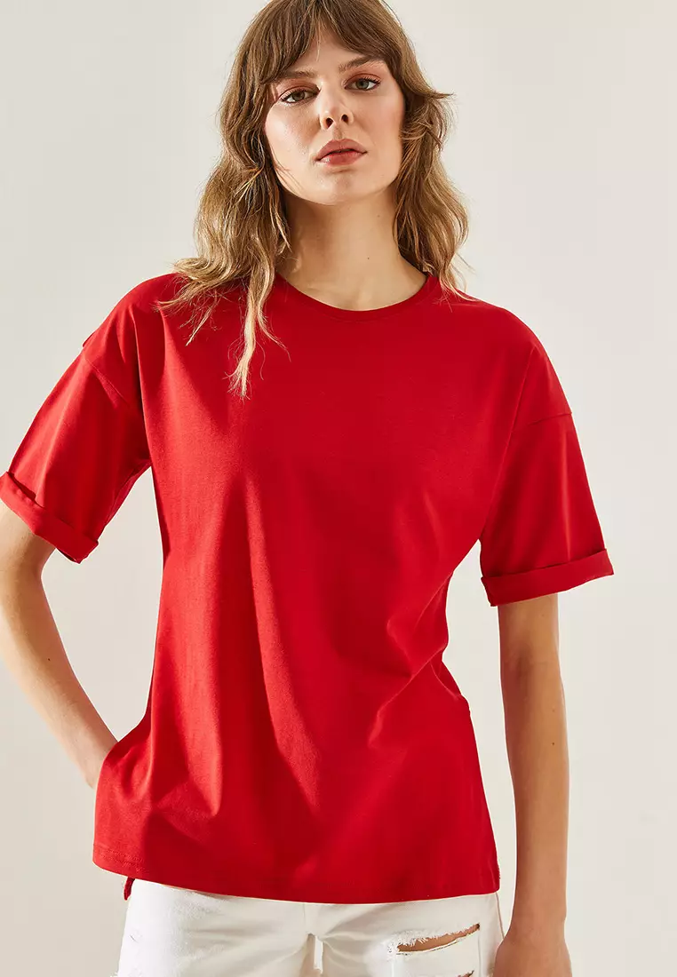 Side Slit Sleeve Folding Detailed Crew Neck Short Sleeve Basic T-Shirt
