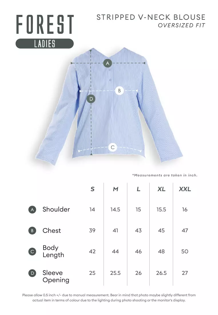 Forest Ladies Poly Cotton Striped V-Neck Blouse Women Long Sleeve Top - 822510-31Blue