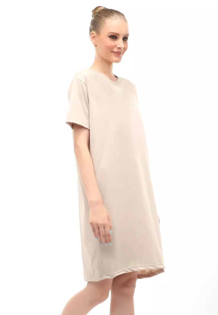 Finch Midi Dress Wanita Short Sleeves Motif Polos - Beige