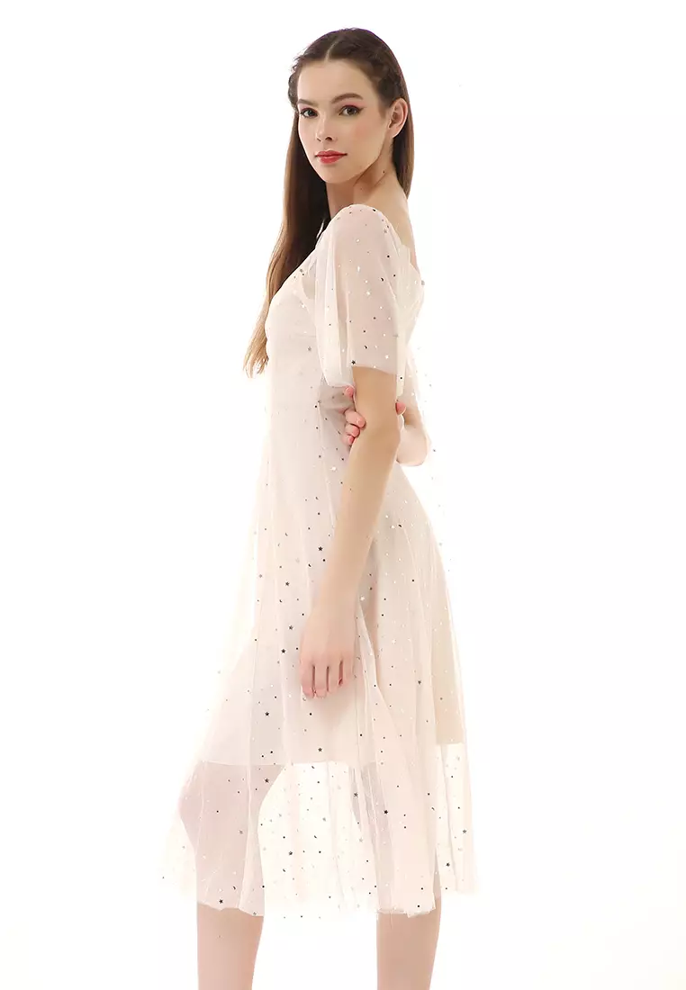 Rachel Dress Fashion Wanita Lengan Pendek Stylish Design Material Brukat ORIGINAL - Cream