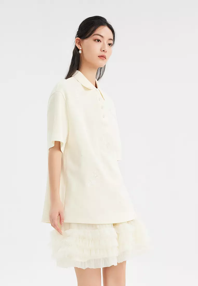 Polo T-Shirt and Ruffled Mesh Mini Skirt Set