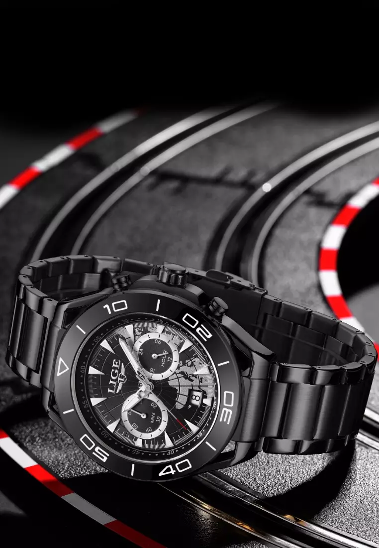 Chronograph Unisex IP Black Stainless Steel Quartz Watch, 48mm, stainless steel bracelet