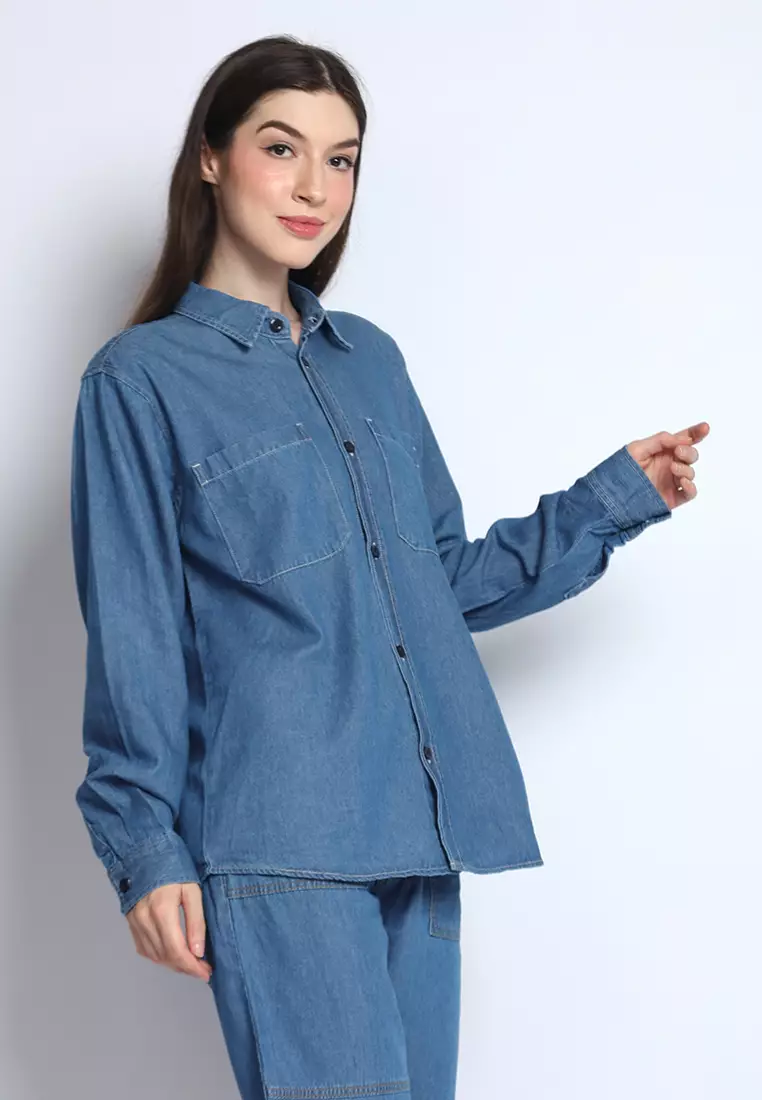 Kemeja Denim Wanita Skena L/S Krah Mandarin Saku Besar 282407