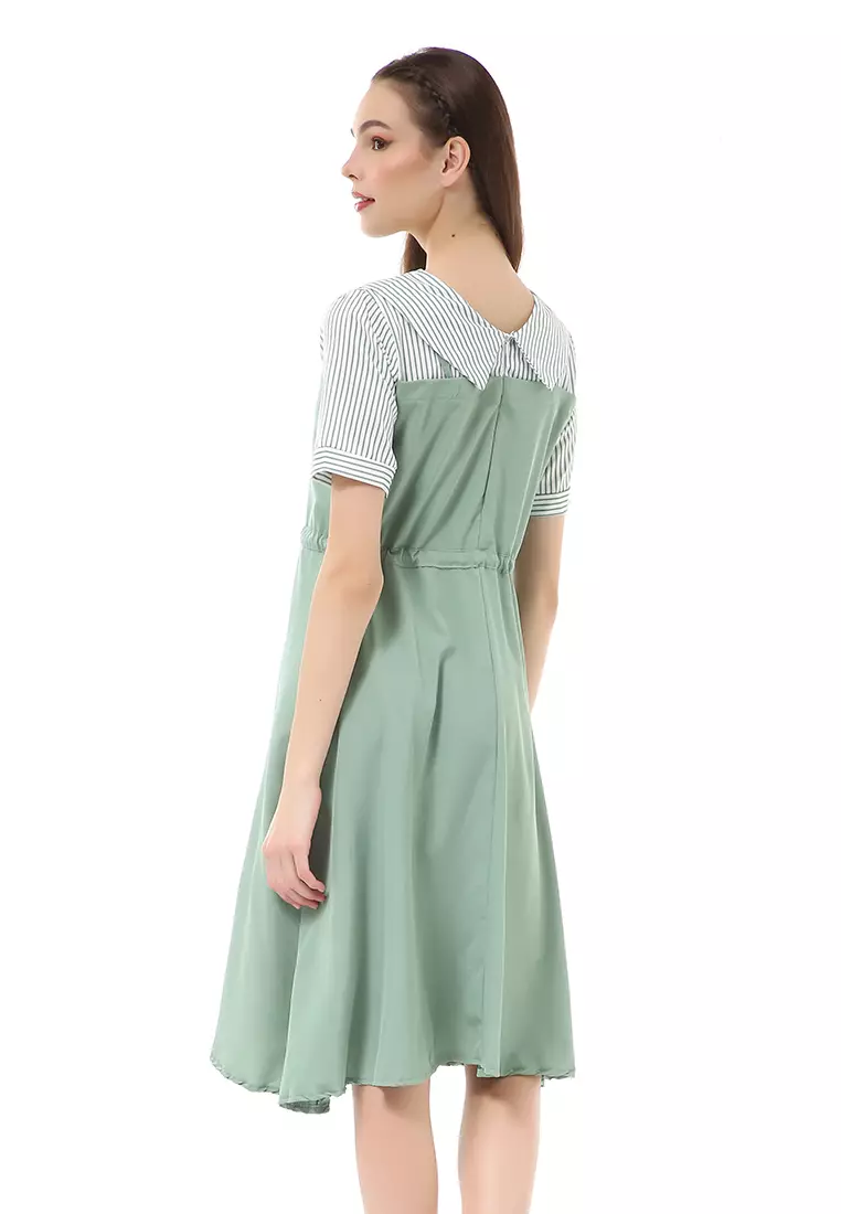 Rachel Midi Dress Wanita Lengan Pendek Vintage Design Tali Pinggang Material Cotton ORIGINAL - Green