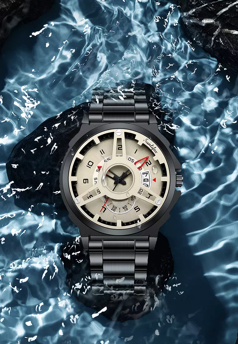 Jam Tangan Pria 9111 Hollow Dial Kuarsa Mode Tanggal Cool Anti Air Jam Tangan Cowok Original blackbrown