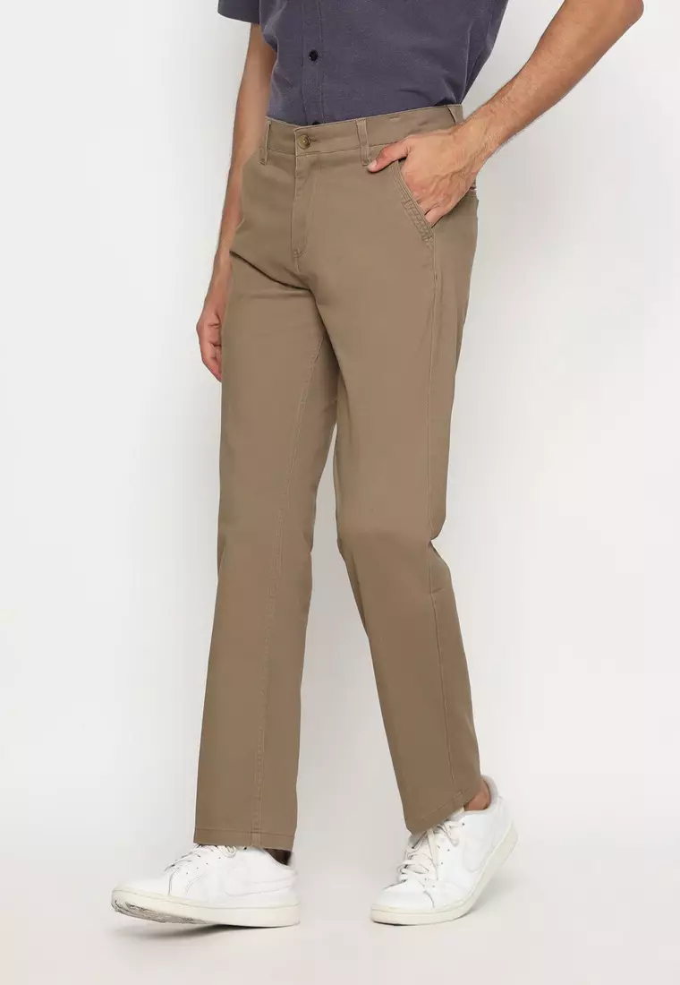 POLICE Celana Chino Panjang Brown Cotton Premium Stretch Regular Fit Pria