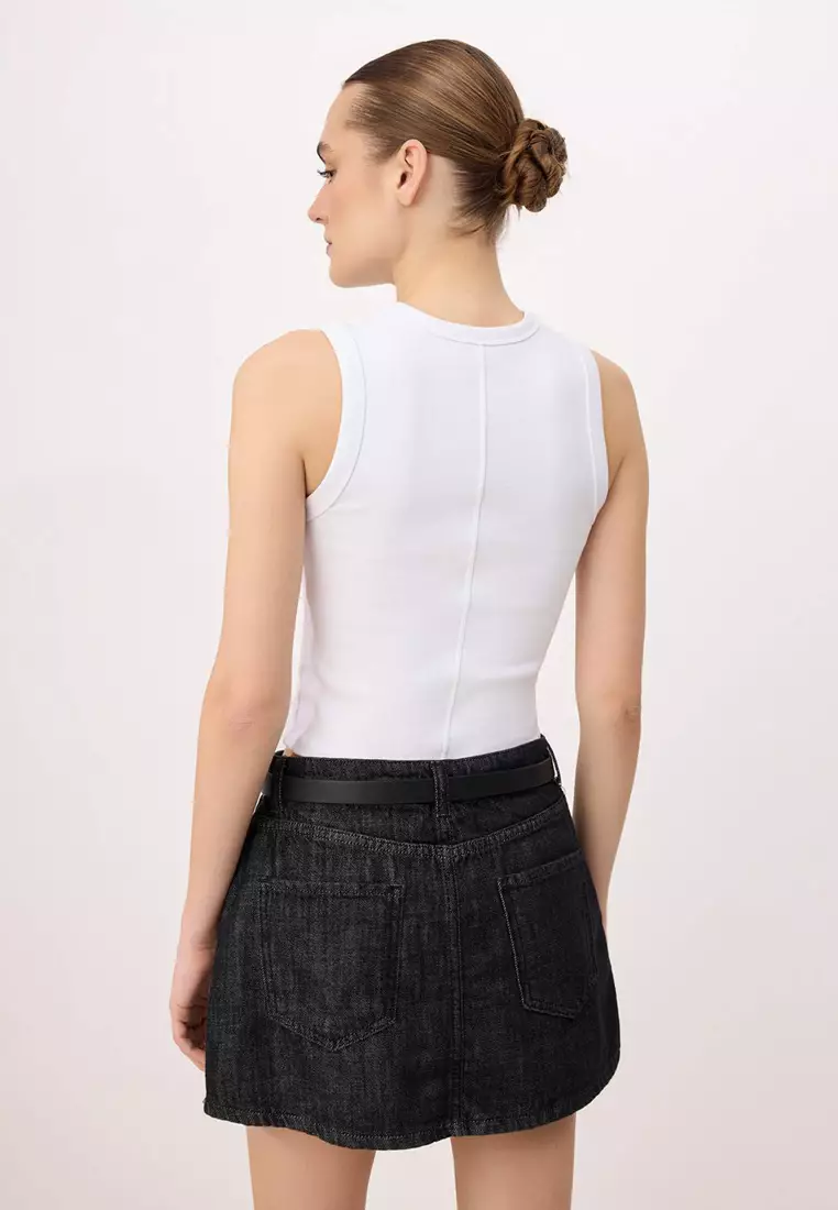 Black Belt Detailed Denim Shorts Skirt With Skirt Look On The Back Twoaw26Sr2